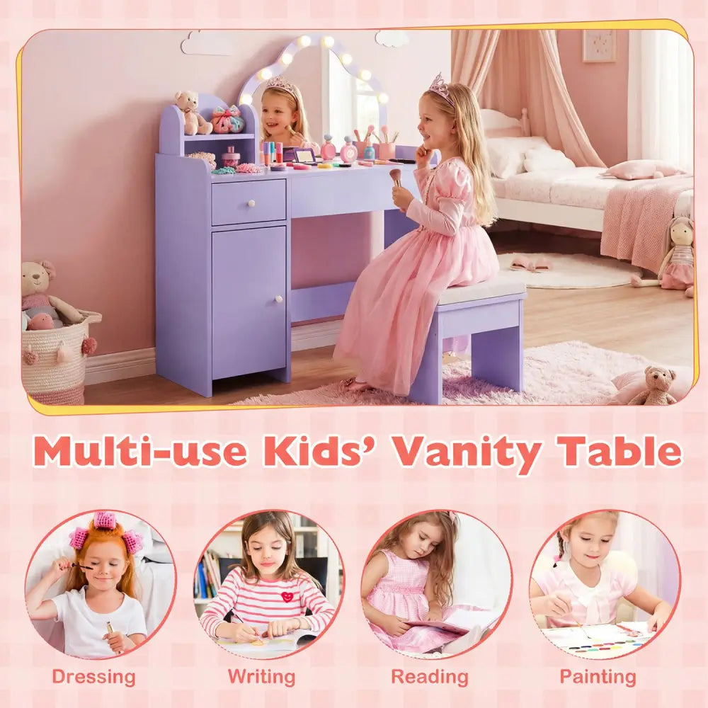 Kids Vanity Desk with Mirror and Lights Princess Pretend Play Dressing Table-Purple - Purple - Kids Vanities