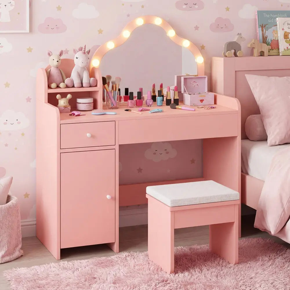 Kids Vanity Desk with Mirror and Lights Princess Pretend Play Dressing Table-Pink - Pink - Kids Vanities
