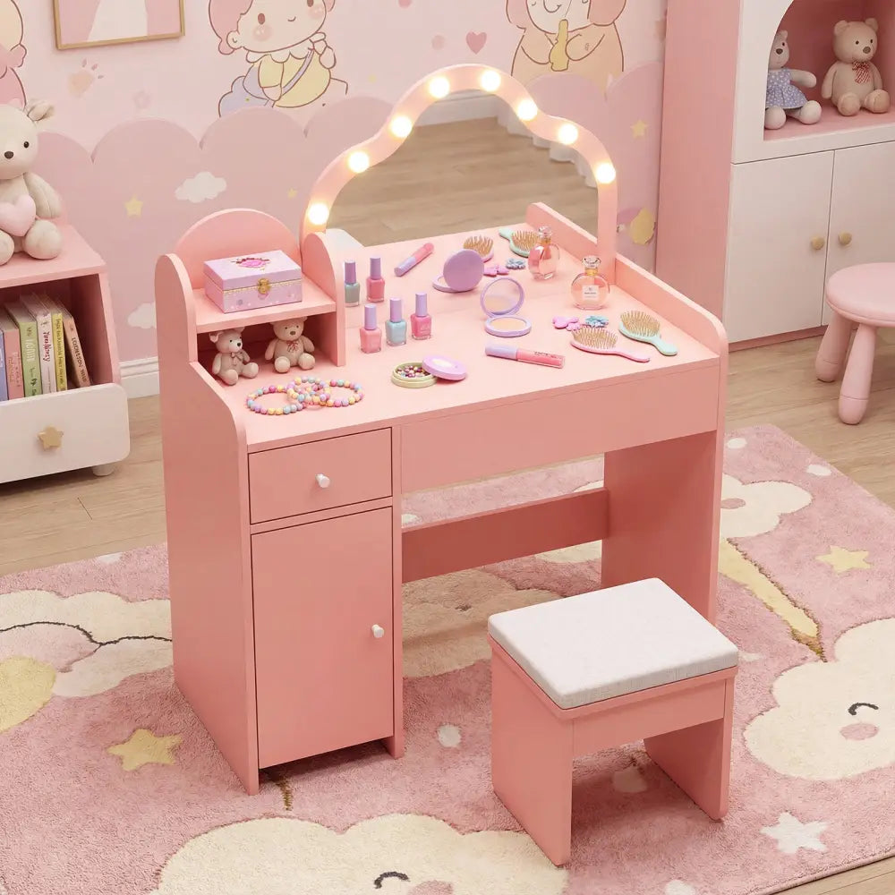 Kids Vanity Desk with Mirror and Lights Princess Pretend Play Dressing Table-Pink - Pink - Kids Vanities
