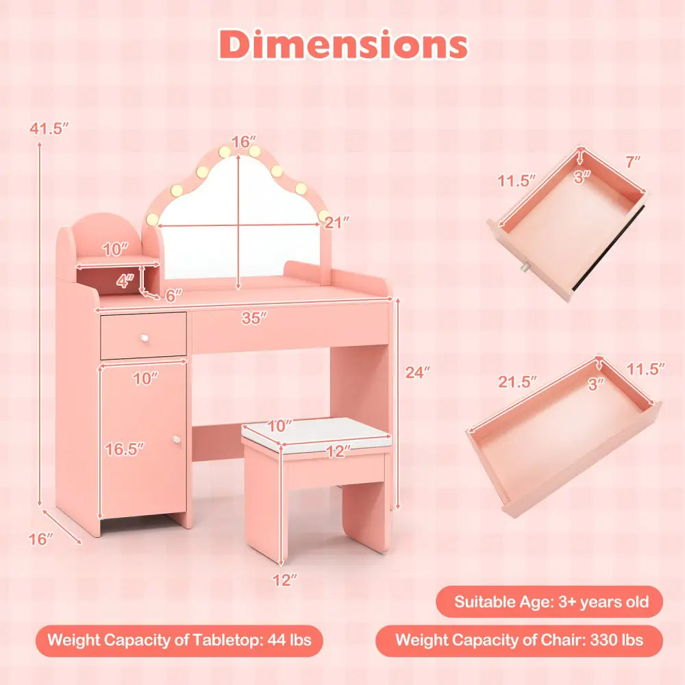 Kids Vanity Desk with Mirror and Lights Princess Pretend Play Dressing Table-Pink - Pink - Kids Vanities