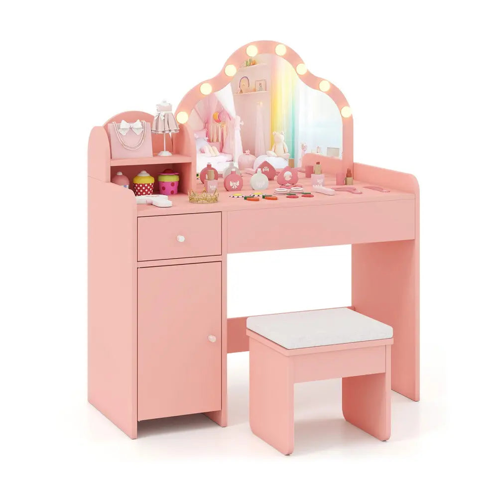 Kids Vanity Desk with Mirror and Lights Princess Pretend Play Dressing Table-Pink - Pink - Kids Vanities