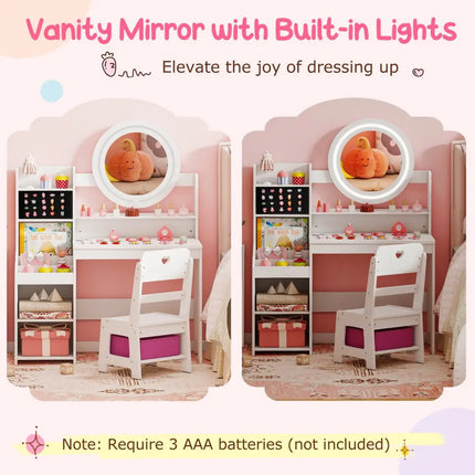 Kids Vanity Desk with Mirror and Lights Princess Pretend Play Dressing Table and Chair Set-White - White - Kids Vanities