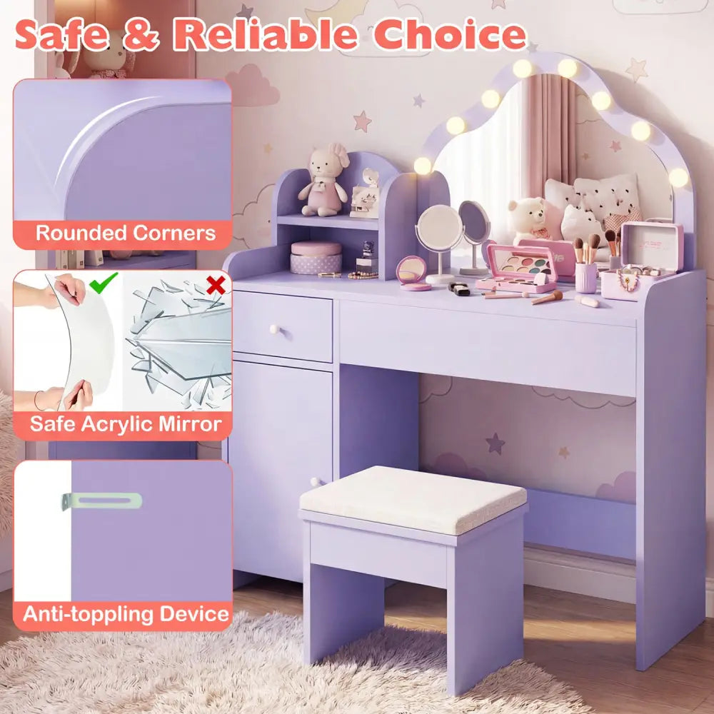 Kids Vanity Desk with Mirror and Lights Princess Pretend Play Dressing Table-Purple - Purple - Kids Vanities