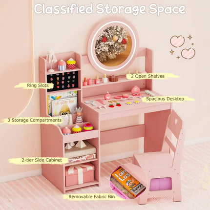 Kids Vanity Desk with Mirror and Lights Princess Pretend Play Dressing Table and Chair Set-Pink - Pink - Kids Vanities