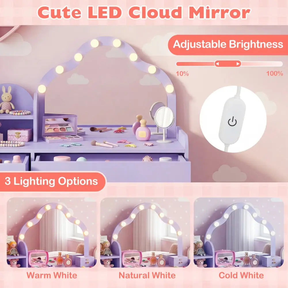 Kids Vanity Desk with Mirror and Lights Princess Pretend Play Dressing Table-Purple - Purple - Kids Vanities
