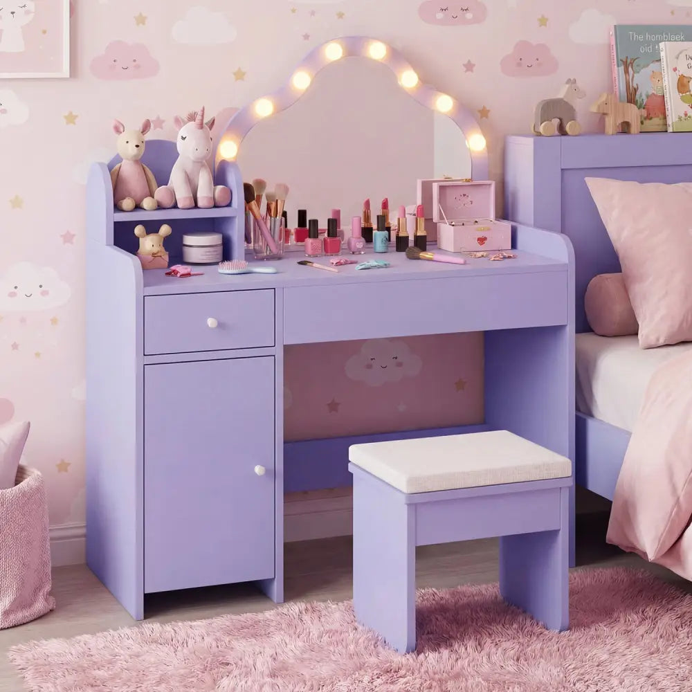 Kids Vanity Desk with Mirror and Lights Princess Pretend Play Dressing Table-Purple - Purple - Kids Vanities
