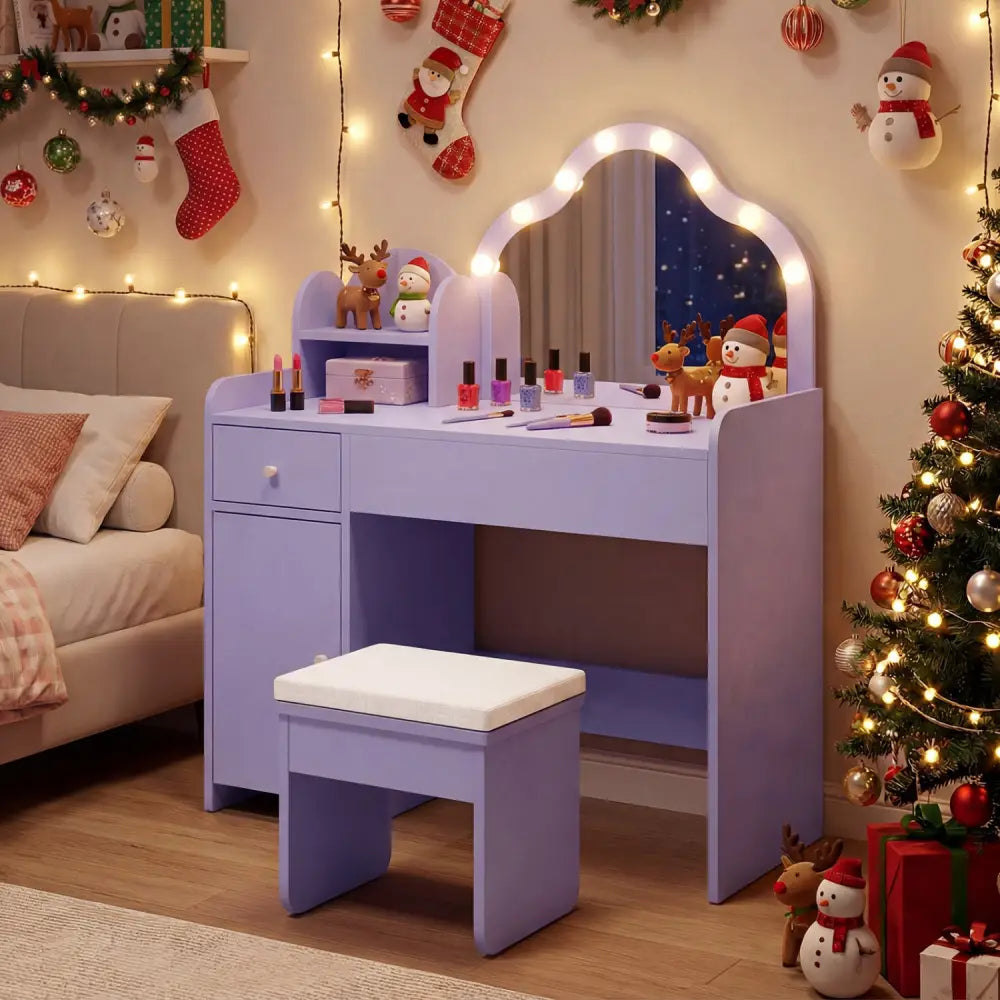 Kids Vanity Desk with Mirror and Lights Princess Pretend Play Dressing Table-Purple - Purple - Kids Vanities