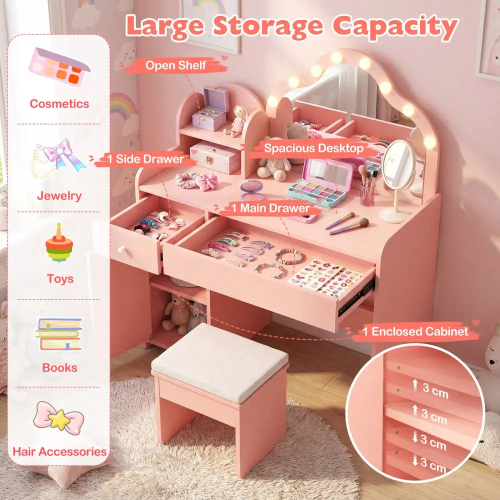Kids Vanity Desk with Mirror and Lights Princess Pretend Play Dressing Table-Pink - Pink - Kids Vanities