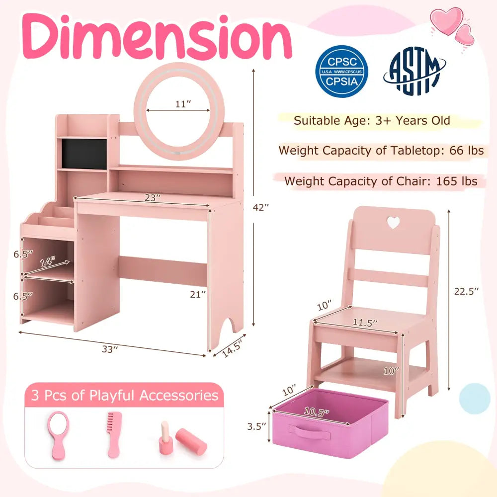 Kids Vanity Desk with Mirror and Lights Princess Pretend Play Dressing Table and Chair Set-Pink - Pink - Kids Vanities