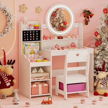 Kids Vanity Desk with Mirror and Lights Princess Pretend Play Dressing Table and Chair Set-White - White - Kids Vanities