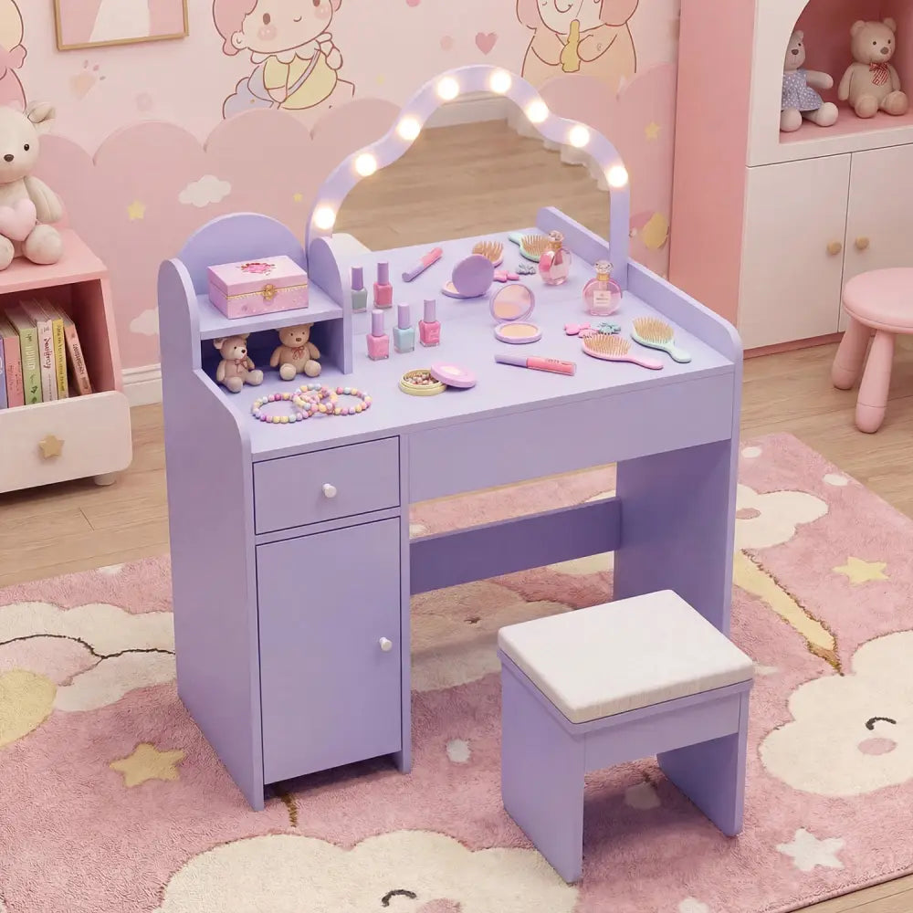 Kids Vanity Desk with Mirror and Lights Princess Pretend Play Dressing Table-Purple - Purple - Kids Vanities