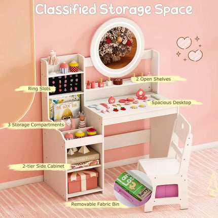 Kids Vanity Desk with Mirror and Lights Princess Pretend Play Dressing Table and Chair Set-White - White - Kids Vanities