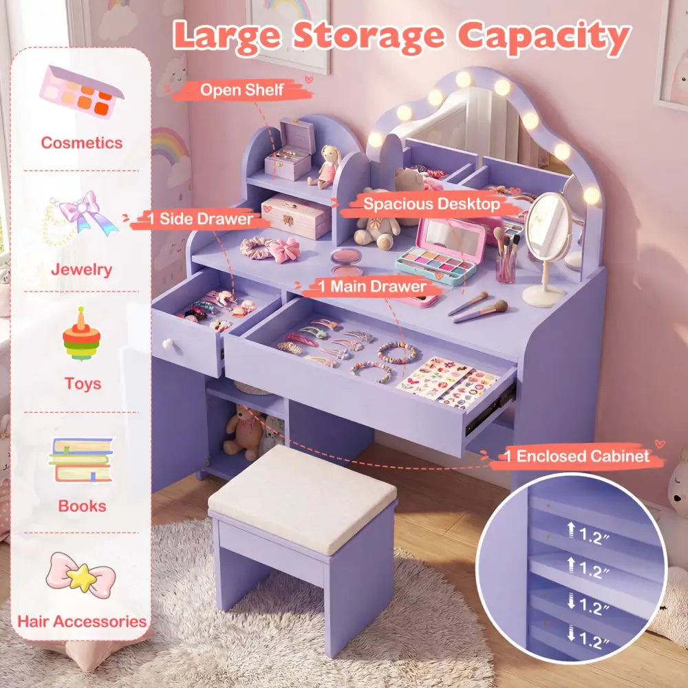 Kids Vanity Desk with Mirror and Lights Princess Pretend Play Dressing Table-Purple - Purple - Kids Vanities