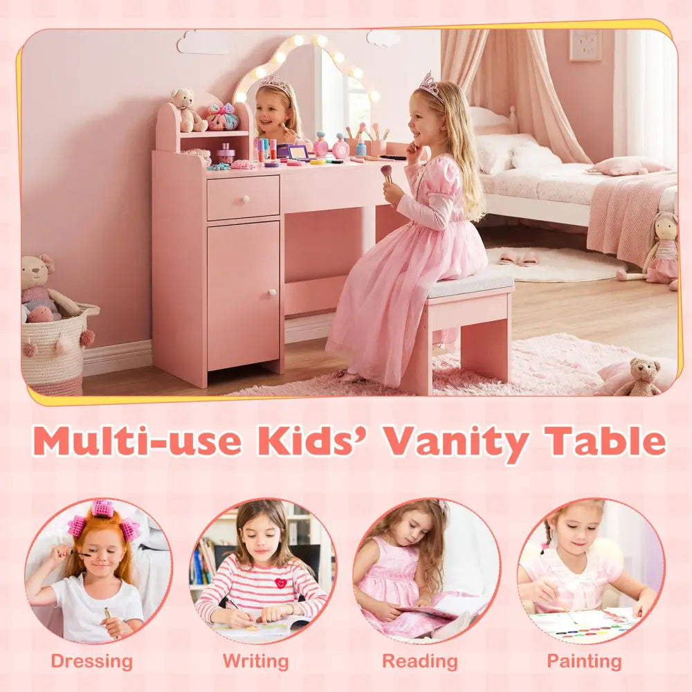 Kids Vanity Desk with Mirror and Lights Princess Pretend Play Dressing Table-Pink - Pink - Kids Vanities