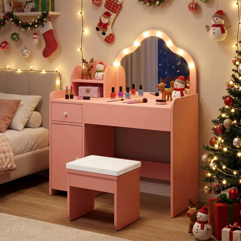 Kids Vanity Desk with Mirror and Lights Princess Pretend Play Dressing Table-Pink - Pink - Kids Vanities
