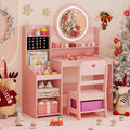 Kids Vanity Desk with Mirror and Lights Princess Pretend Play Dressing Table and Chair Set-Pink - Pink - Kids Vanities