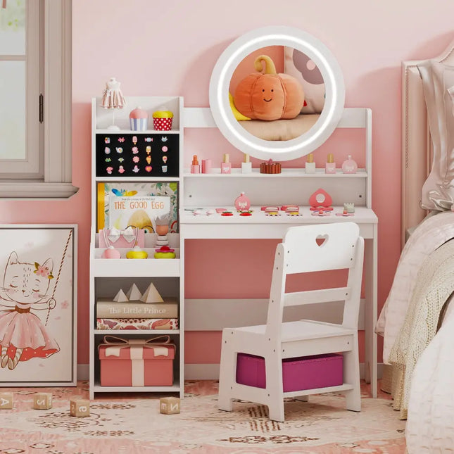Kids Vanity Desk with Mirror and Lights Princess Pretend Play Dressing Table and Chair Set-White - White - Kids Vanities
