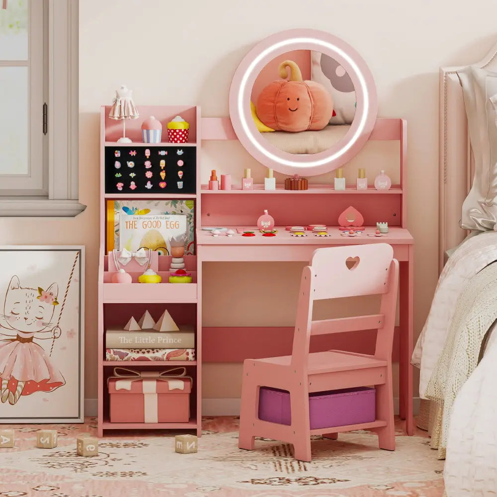 Kids Vanity Desk with Mirror and Lights Princess Pretend Play Dressing Table and Chair Set-Pink - Pink - Kids Vanities