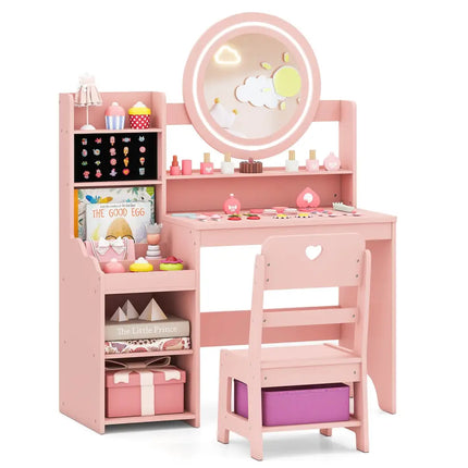 Kids Vanity Desk with Mirror and Lights Princess Pretend Play Dressing Table and Chair Set-Pink - Pink - Kids Vanities