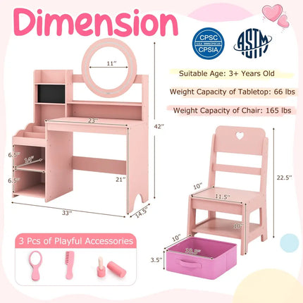 Kids Vanity Desk with Mirror and Lights Princess Pretend Play Dressing Table and Chair Set-Pink - Pink - Kids Vanities
