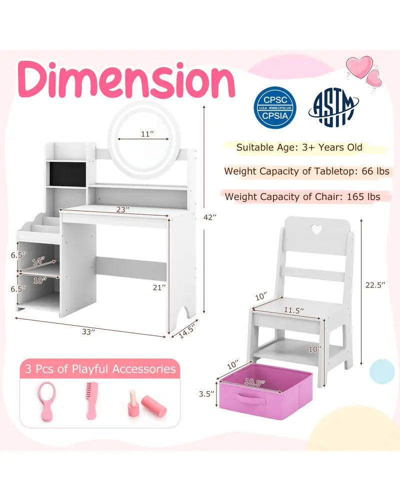 Kids Vanity Desk with Mirror and Lights Princess Pretend Play Dressing Table and Chair Set-White - White - Kids Vanities