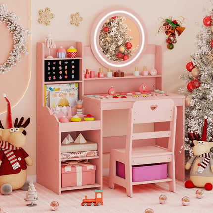 Kids Vanity Desk with Mirror and Lights Princess Pretend Play Dressing Table and Chair Set-Pink - Pink - Kids Vanities
