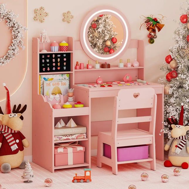 Kids Vanity Desk with Mirror and Lights Princess Pretend Play Dressing Table and Chair Set-Pink - Pink - Kids Vanities