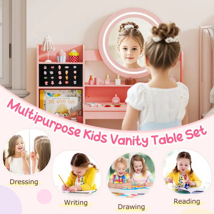 Kids Vanity Desk with Mirror and Lights Princess Pretend Play Dressing Table and Chair Set-Pink - Pink - Kids Vanities