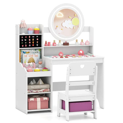 Kids Vanity Desk with Mirror and Lights Princess Pretend Play Dressing Table and Chair Set-White - White - Kids Vanities