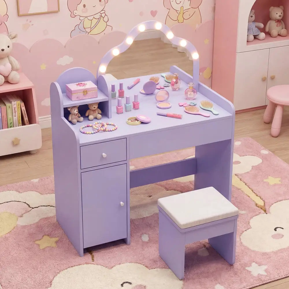 Kids Vanity Desk with Mirror and Lights Princess Pretend Play Dressing Table-Purple - Purple - Kids Vanities