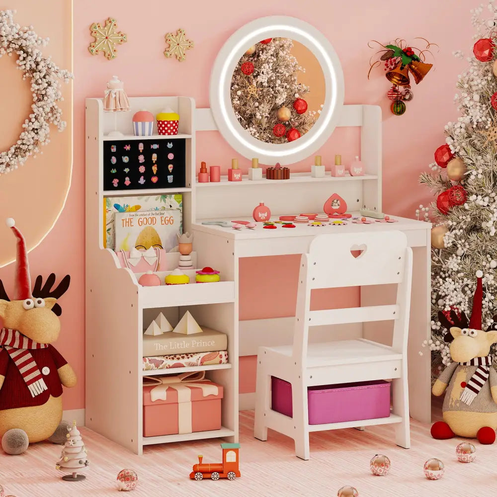 Kids Vanity Desk with Mirror and Lights Princess Pretend Play Dressing Table and Chair Set-White - White - Kids Vanities