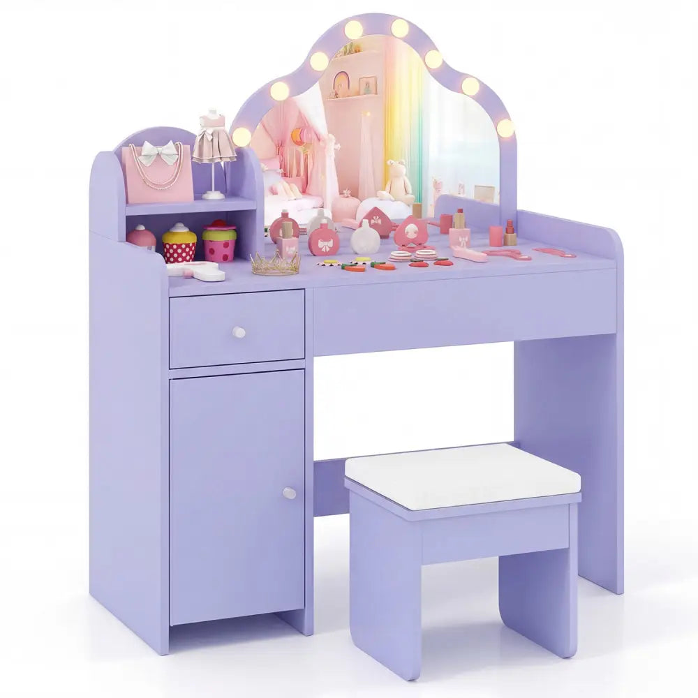 Kids Vanity Desk with Mirror and Lights Princess Pretend Play Dressing Table-Purple - Purple - Kids Vanities