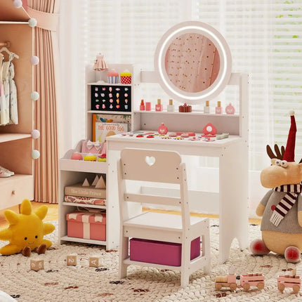 Kids Vanity Desk with Mirror and Lights Princess Pretend Play Dressing Table and Chair Set-White - White - Kids Vanities