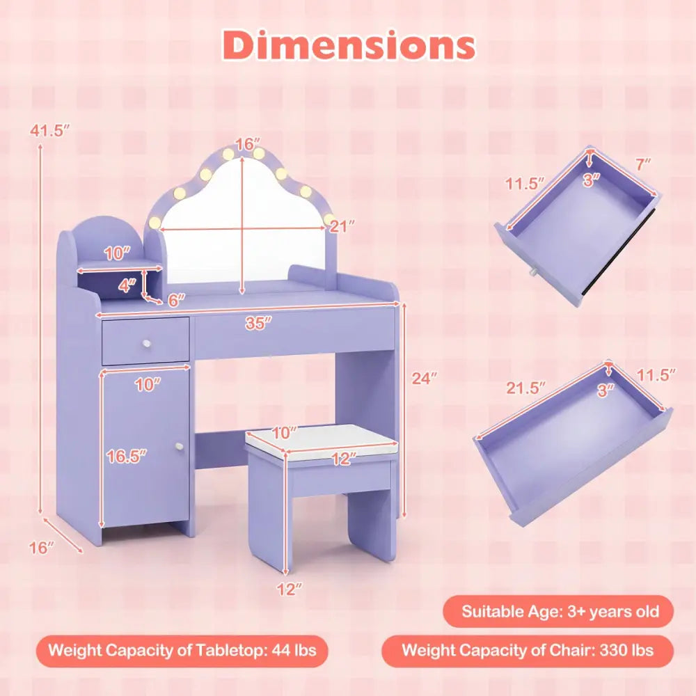 Kids Vanity Desk with Mirror and Lights Princess Pretend Play Dressing Table-Purple - Purple - Kids Vanities