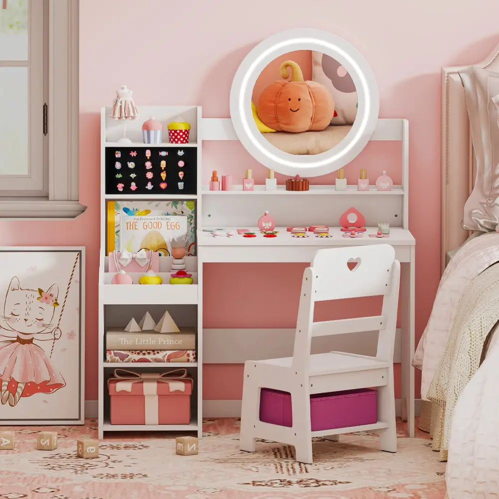 Kids Vanity Desk with Mirror and Lights Princess Pretend Play Dressing Table and Chair Set-White - White - Kids Vanities