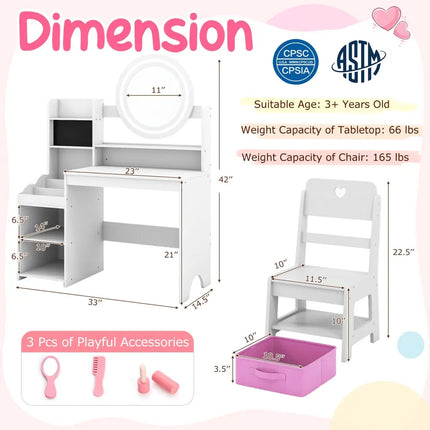 Kids Vanity Desk with Mirror and Lights Princess Pretend Play Dressing Table and Chair Set-White - White - Kids Vanities
