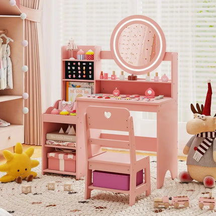 Kids Vanity Desk with Mirror and Lights Princess Pretend Play Dressing Table and Chair Set-Pink - Pink - Kids Vanities