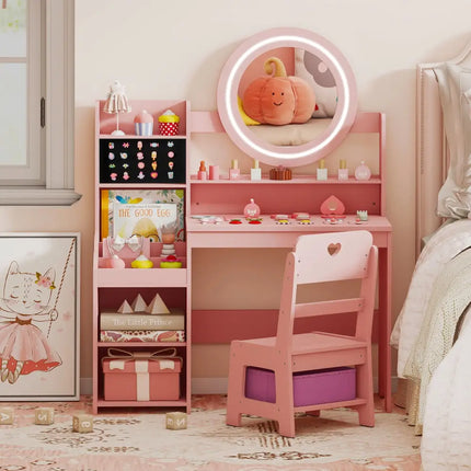 Kids Vanity Desk with Mirror and Lights Princess Pretend Play Dressing Table and Chair Set-Pink - Pink - Kids Vanities