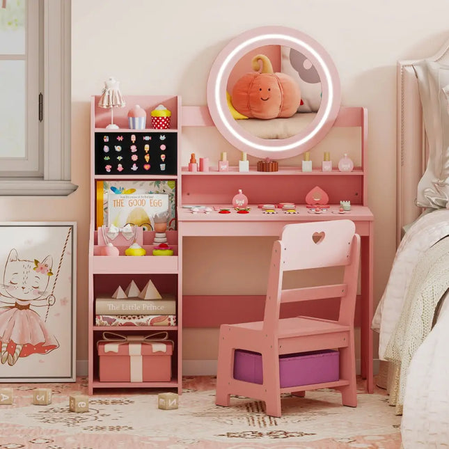 Kids Vanity Desk with Mirror and Lights Princess Pretend Play Dressing Table and Chair Set-Pink - Pink - Kids Vanities