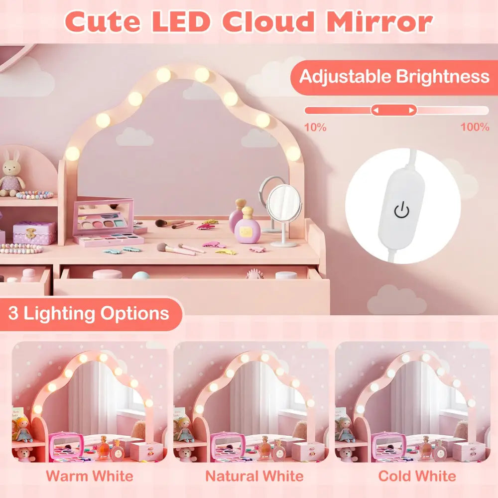 Kids Vanity Desk with Mirror and Lights Princess Pretend Play Dressing Table-Pink - Pink - Kids Vanities