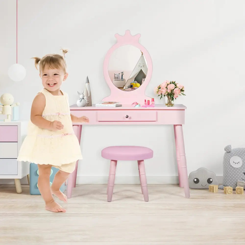 Kids Vanity Makeup Table and Chair Set Make Up Stool - Pink - Kids Vanities