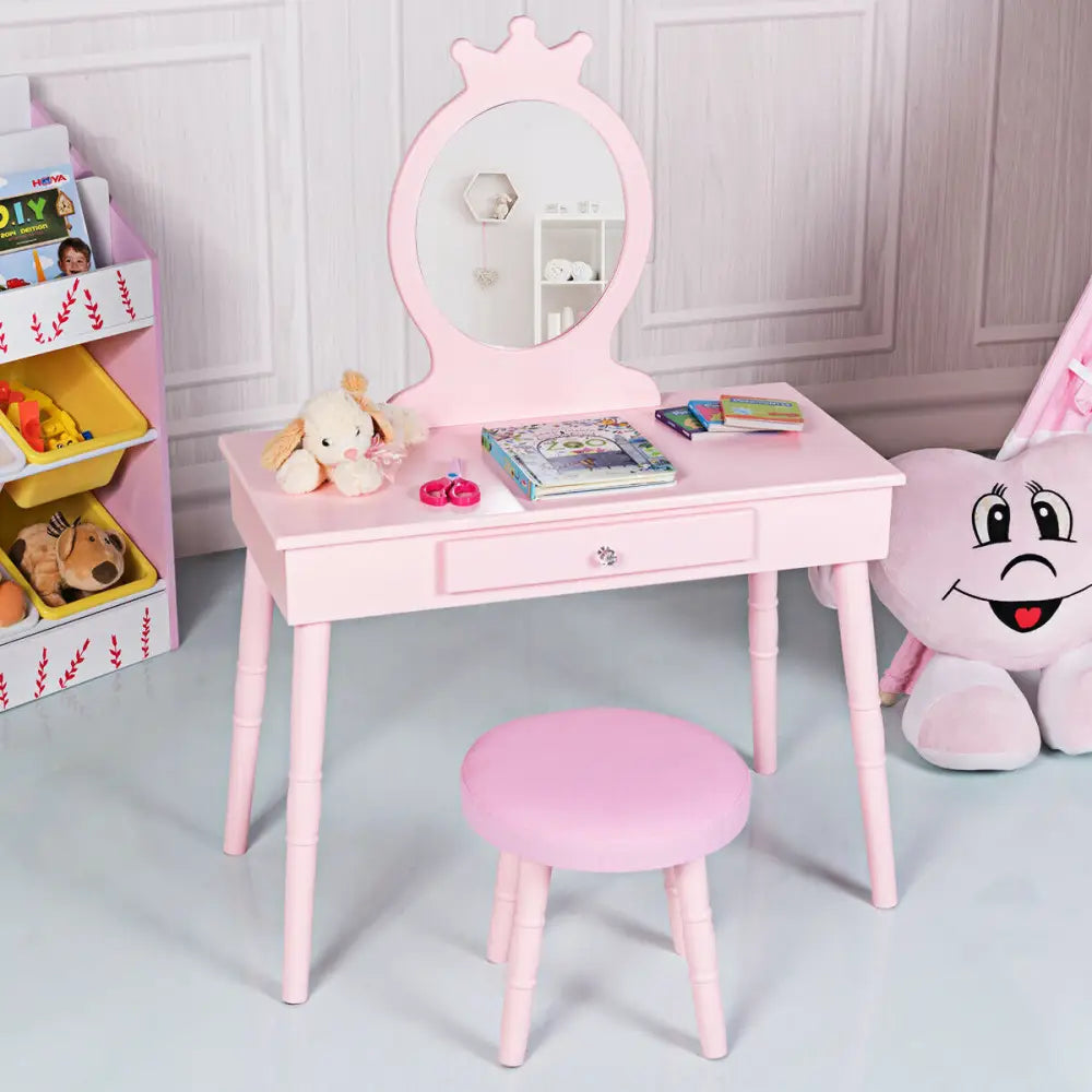 Kids Vanity Makeup Table and Chair Set Make Up Stool - Pink - Kids Vanities