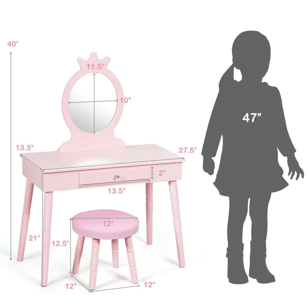 Kids Vanity Makeup Table and Chair Set Make Up Stool - Pink - Kids Vanities