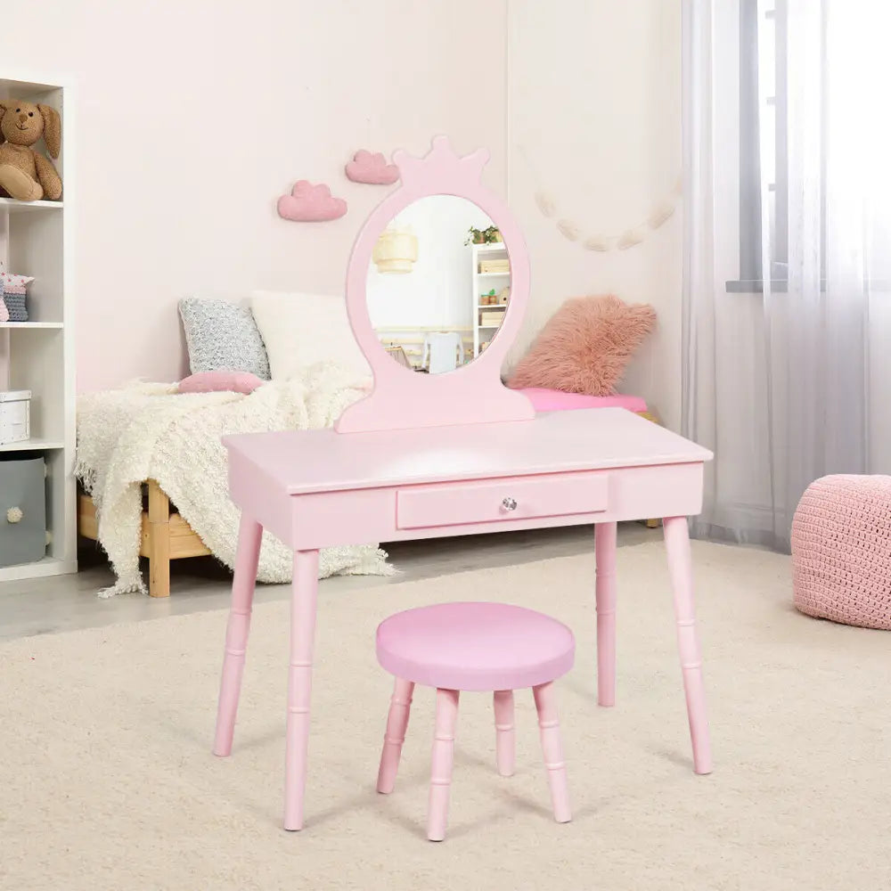 Kids Vanity Makeup Table and Chair Set Make Up Stool - Pink - Kids Vanities