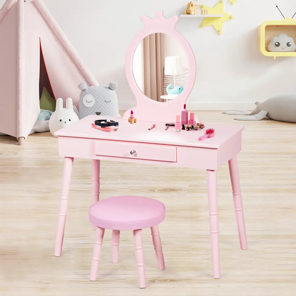 Kids Vanity Makeup Table and Chair Set Make Up Stool - Pink - Kids Vanities