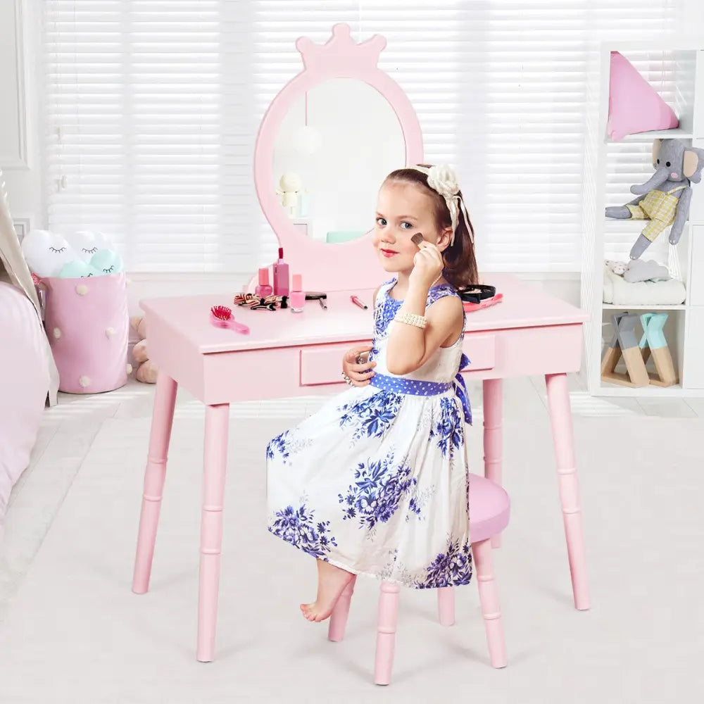 Kids Vanity Makeup Table and Chair Set Make Up Stool - Pink - Kids Vanities