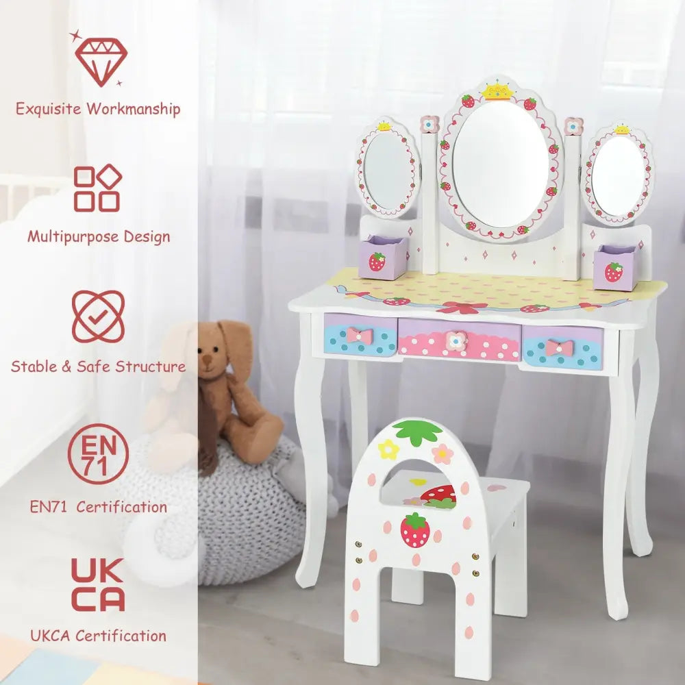 Kids Vanity Princess Makeup Dressing Table Chair Set with Tri-fold Mirror-White - White - Kids Vanities