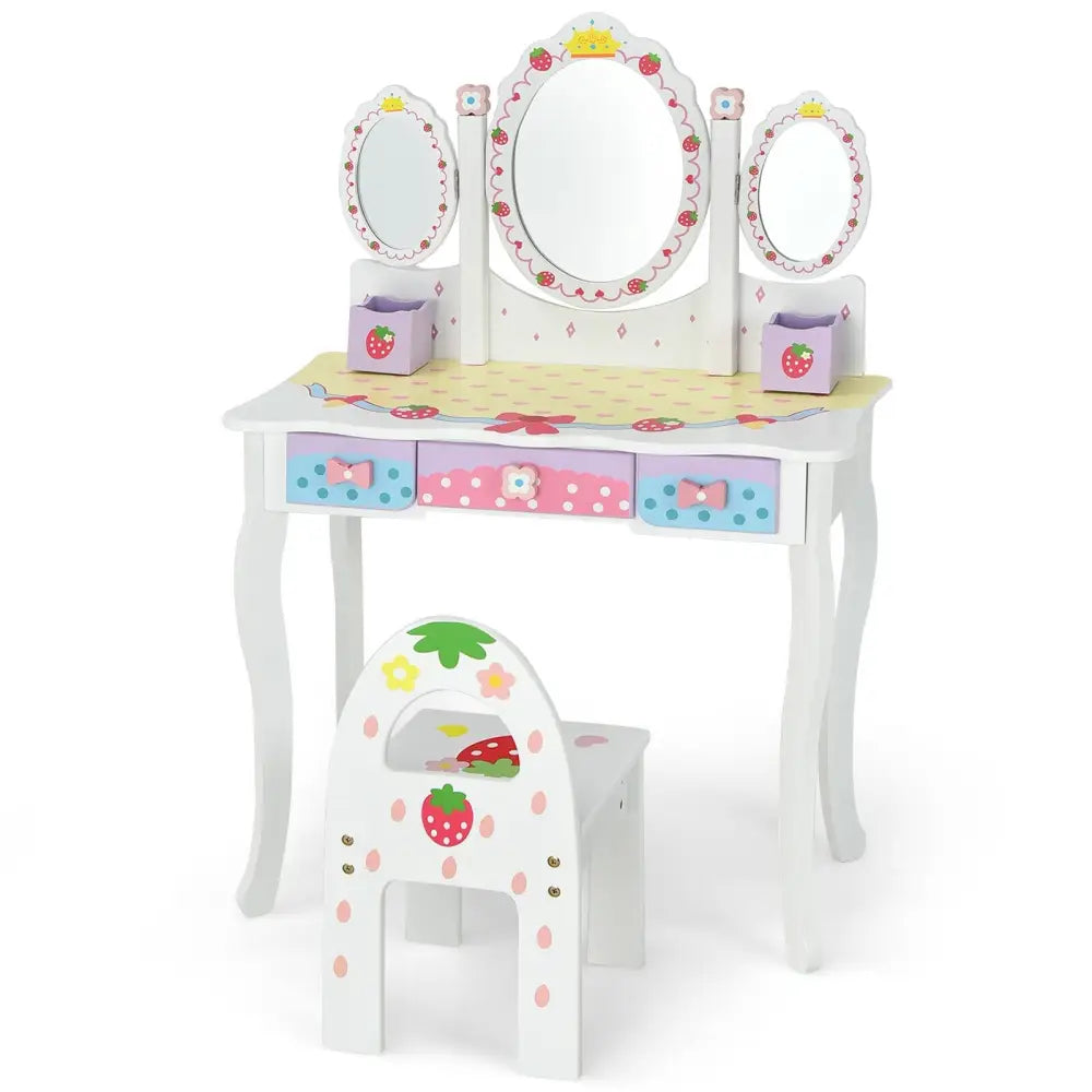 Kids Vanity Princess Makeup Dressing Table Chair Set with Tri-fold Mirror-White - White - Kids Vanities