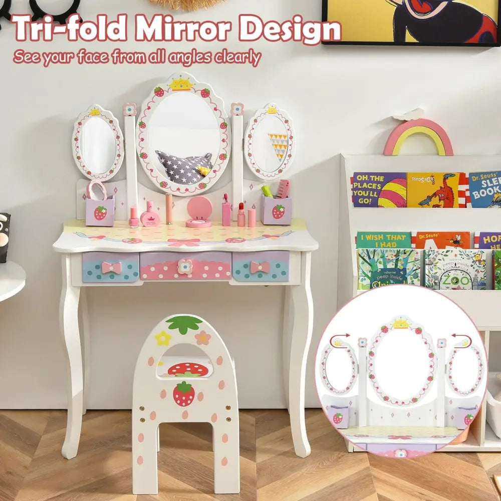 Kids Vanity Princess Makeup Dressing Table Chair Set with Tri-fold Mirror-White - White - Kids Vanities