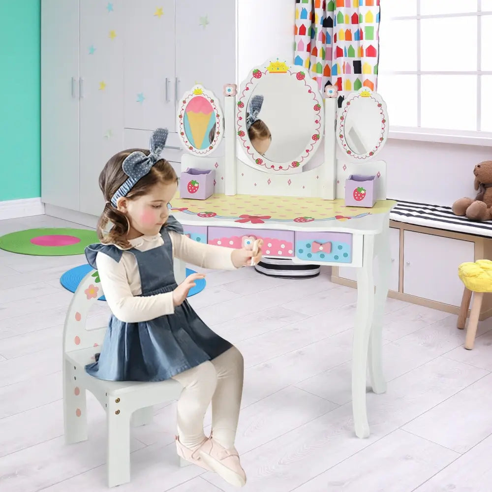 Kids Vanity Princess Makeup Dressing Table Chair Set with Tri-fold Mirror-White - White - Kids Vanities